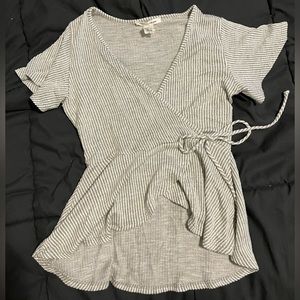 Peplum Striped Wrap Top, Grey + White stripes- Caution to the Wind size M